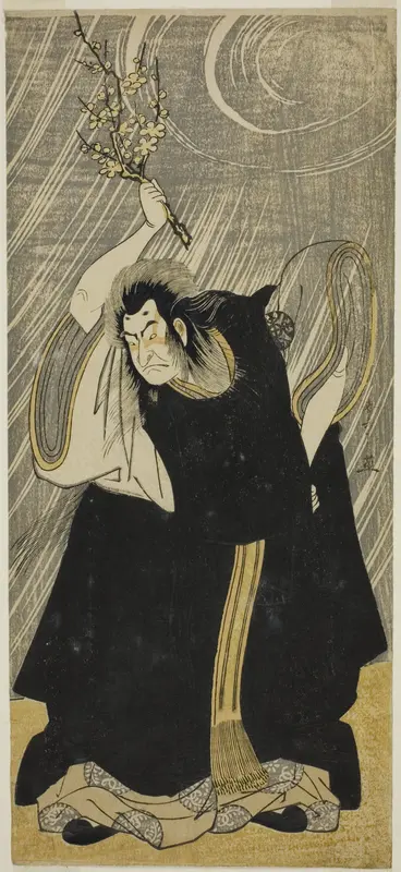 The Actor Nakamura Nakazo I as the thunder god, an incarnation of Kan Shojo, in the play "Sugawara Denju Tenarai Kagami," performed at the Morita Theater in the third month, 1780