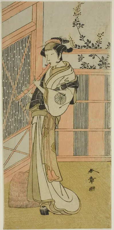 The Actor Nakamura Noshio I as Misao Disguised as a Komuso in the Play Kosode-gura no Tekubari, Performed at the Morita Theater in the Second Month, 1772 (?) Wall Art by Katsukawa Shunsho - High-Resolution Digital Print