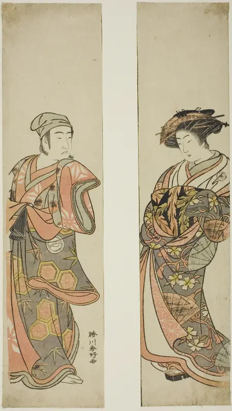 The Actor Nakamura Tomijuro I as a courtesan (right) and Sawamura Sojuro III as Oyamada Taro (?) disguised as Tarosaku of Oyamada Village (left) in the play "Azuma no Mori Sakae Kusunoki," performed at the Ichimura Theater in the eleventh month, 1779