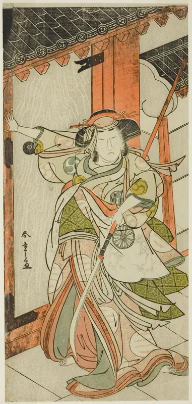 The Actor Nakamura Tomijuro I as Hangaku Gozen Breaking Down the Gate in the Play Wada-gassen Onna Maizuru (The Wada Conflict: A Woman's "Maizuru"), Performed at the Nakamura Theater from the Twenty-fifth Day of the Seventh Month, 1777