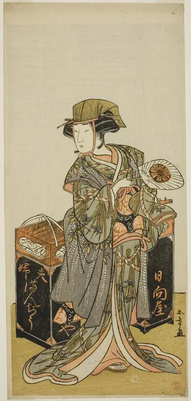 The Actor Nakamura Tomijuro I as the Female Beancake Peddler Hyugaya in the Play Chigo Torii Tobiiri Kitsune, Performed at the Ichimura Theater in the Eleventh Month, 1777