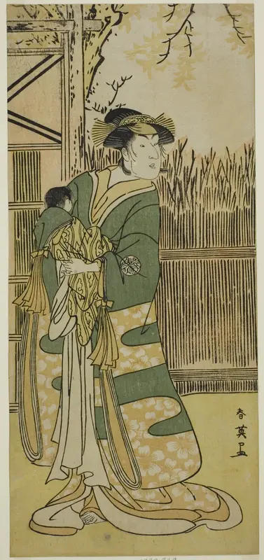 The Actor Nakayama Tomisaburo I as Lady Tokiwa (Tokiwa Gozen) (?) in the Play Kimmenuki Genke no Kakutsuba (?), Performed at the Ichimura Theater (?) in the Eleventh Month, 1791 (?)