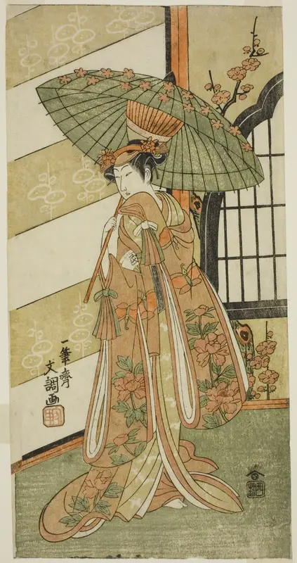 The Actor Onoe Tamizo I as Nishikigi in the Play Mutsu no Hana Ume no Kaomise, Performed at the Ichimura Theater in the Eleventh Month, 1769 Wall Art by Ippitsusai Buncho - High-Resolution Digital Print