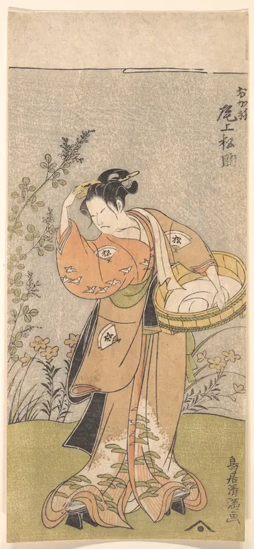 The Actor Onoya Matsusuke, in Female Robe of O-Kane, Adjusts the Comb in His Hair