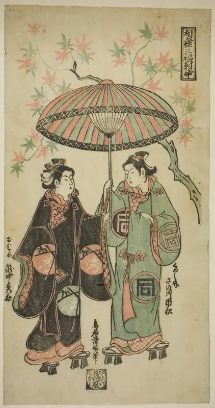 The Actor Sanogawa Ichimatsu I as Kumenosuke and Takinaka Hidematsu I as Oume, from "Sharing an Umbrella: A Triptych (Aigasa sanpukutsui)" Wall Art by Torii Kiyonobu II - High-Resolution Digital Print