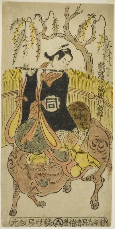 The Actor Sanogawa Ichimatsu I as Kumenosuke in the play "Na no Hana Akebono Soga," performed at the Nakamura Theater in the second month, 1741