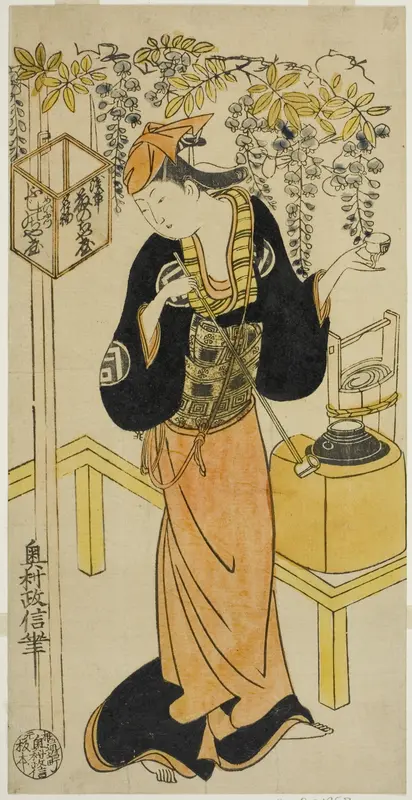 The Actor Sanogawa Mangiku I as Ohatsu in the play "Sogazaki Shinju," performed at the Nakamura Theater in the fourth month, 1719