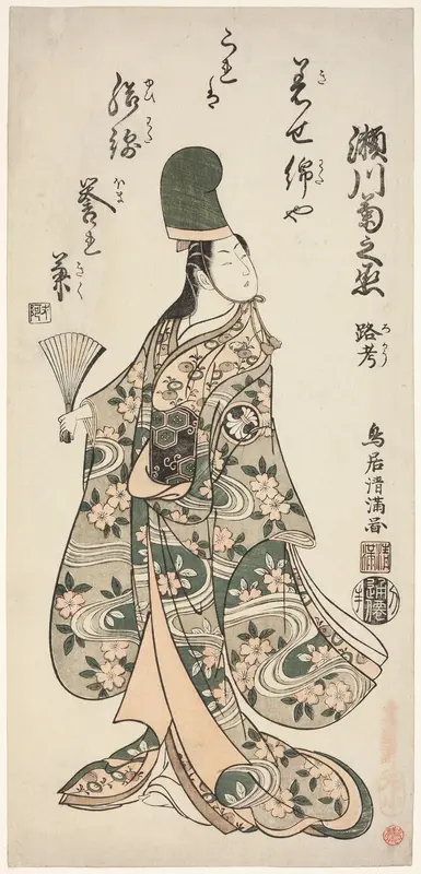 The Actor Segawa Kikunojo II as Shirabyoshi Renri in the play "Imayo Dojoji" performed at the Ichimura Theater in the eleventh month, 1756