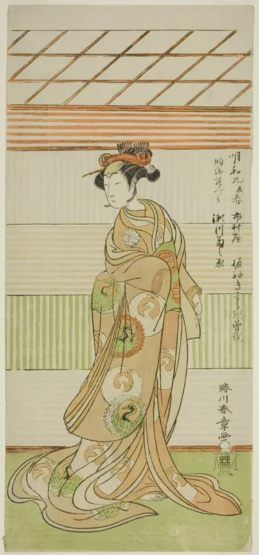 The Actor Segawa Kikunojo II as the Courtesan Maizuru in the Play Furisode Kisaragi Soga, Performed at the Ichimura Theater in the Second Month, 1772 Wall Art by Katsukawa Shunsho - High-Resolution Digital Print