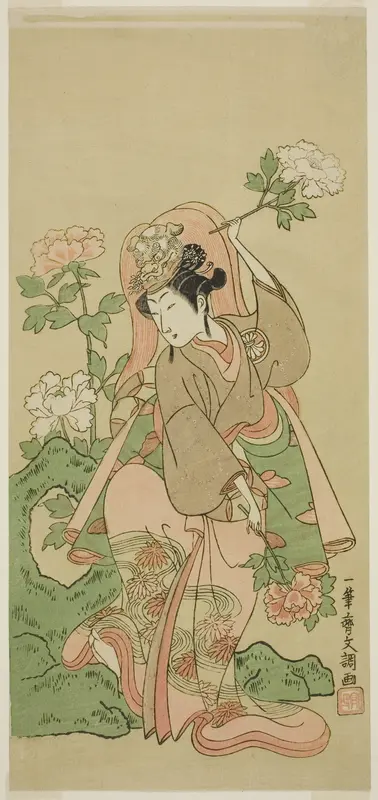 The Actor Segawa Kikunojo II in Shakkyo Dance in the Play Soga Moyo Aigo no Wakamatsu, Performed at the Nakamura Theater in the Second Month, 1769 Wall Art by Ippitsusai Buncho - High-Resolution Digital Print