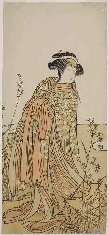 The Actor Segawa Kikunojo III as Spirit of a Mandarin Duck (Oshidori) Disguised as Tagasode, in the Play Hana-zumo Genji Hiiki, Performed at the Nakamura Theater in the Eleventh Month, 1775 Wall Art by Katsukawa Shunsho - High-Resolution Digital Print