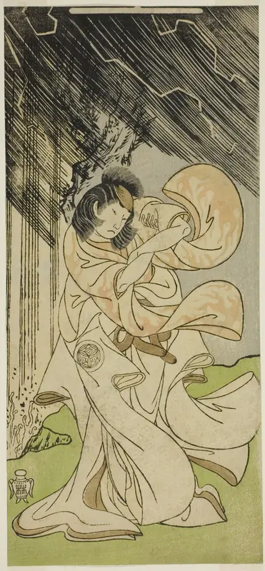 The Actor Yamashita Kinsaku II as a Thunder Goddess in the Play Onna Narukami, Performed at the Morita Theater in the First Month, 1770