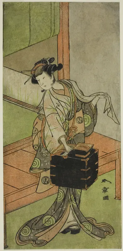 The Actor Yamashita Kinsaku II as Miyagino Disguised as a Hairdresser in the Play Kosode-gura no Tekubari, Performed at the Morita Theater in the Second Month, 1772 (?)