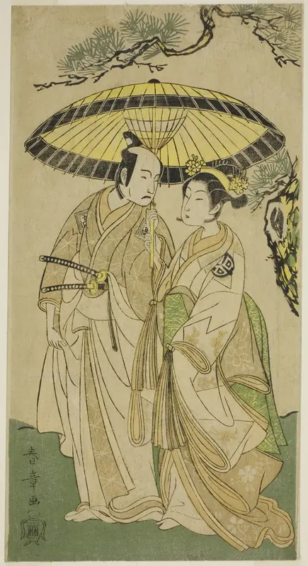 The Actors Arashi Hinaji I (right), and Ichikawa Komazo II (left), as Princess Sakura (Sakura Hime) (?) and Shimizu Tonoinosuke (?), in the Play Soga Moyo Aigo no Wakamatsu (?), Performed at the Nakamura Theater (?) in the Third Month, 1769 (?) Wall Art by Katsukawa Shunsho - High-Resolution Digital Print