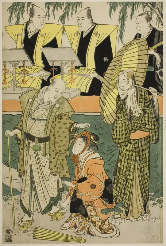 The Actors Bando Matakuro IV as Chubei, Osagawa Tsuneyo II as Umegawa, and Nakamura Katsugoro as Magoemon, in the play "Keisei Koibikyaku," performed at the Morita Theater in the fifth month, 1783