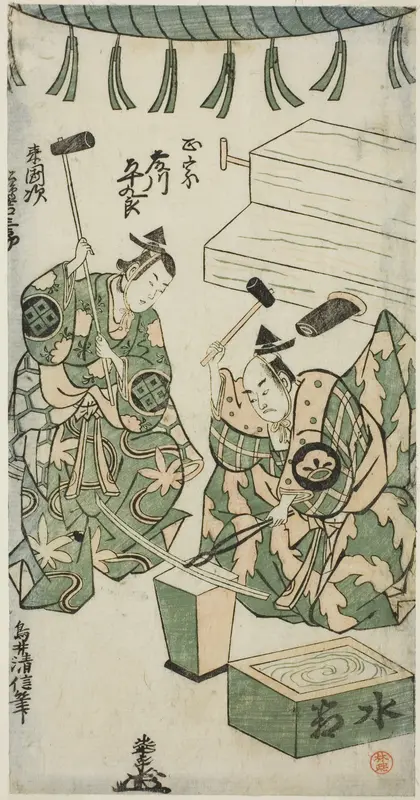The Actors Fujikawa Heikuro as Masamune and Matsushima Kichisaburo as Rai Kunitsugu in the play "Shin Usuyuki Monogatari," performed at the Nakamura Theater in the sixth month, 1746