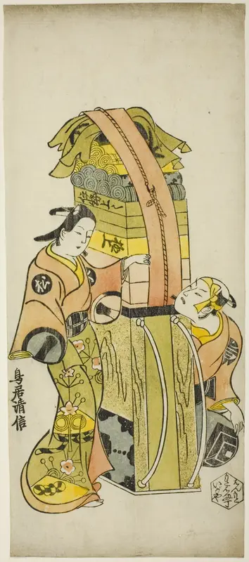The Actors Ichikawa Danjuro II as Kamada Matahachi and Ichikawa Monnosuke I as Hisamatsu in the play "Osome Hisamatsu Shinju Tamoto no Shirashibori," performed at the Morita Theater, 1720