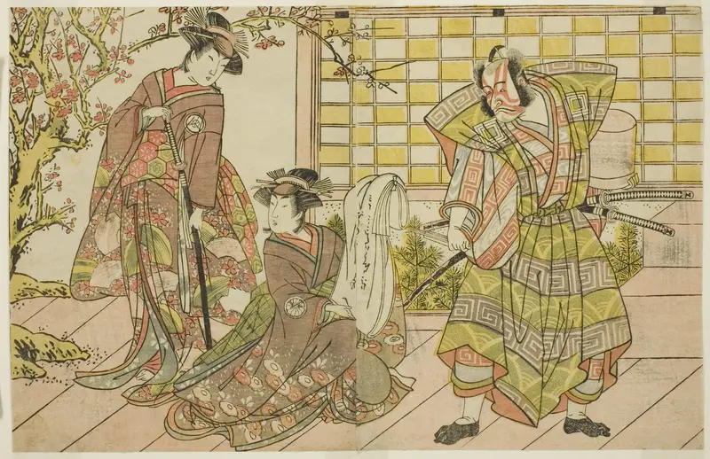 The Actors Ichikawa Danjuro V as Miura Kunitae (right), Segawa Kikunojo III as Yasukata (center), and Iwai Hanshiro IV as Utou (left), in the Play Godai Genji Mitsugi no Furisode, Performed at the Nakamura Theater in the Eleventh Month, 1782