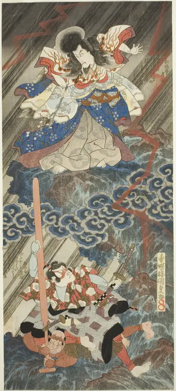 The actors Ichikawa Danjuro VII as Kan Shojo (Sugawara Michizane) and Segawa Kikunojo V as Umeomaru in the play "Sugawara Denju Tenarai Kagami," performed at the Kawarazaki Theater in the ninth month, 1832