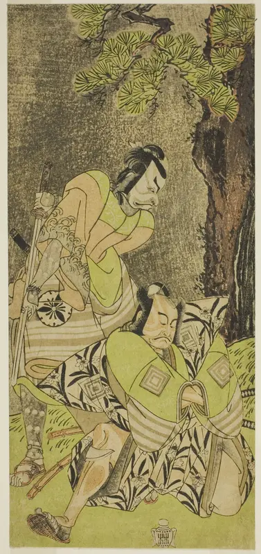The Actors Ichikawa Danzo III as I no Hayata Tadazumi (right), and Matsumoto Koshiro II as Osada no Taro Kagemune (left), in the Play Nue no Mori Ichiyo no Mato, Performed at the Nakamura Theater in the Eleventh Month, 1770