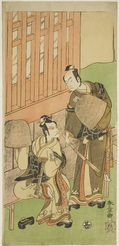The Actors Ichikawa Komazo II as Soga no Juro Sukenari (right), and Ichikawa Danjuro V as Soga no Goro Tokimune (left), in Komuso Attires, in the Play Sakaicho Soga Nendaiki, Performed at the Nakamura Theater in the First Month, 1771