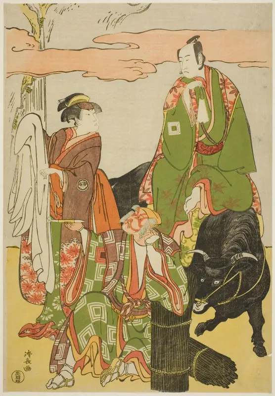 The Actors Ichikawa Monnosuke II as Miyukinosuke, Segawa Kikunojo III as Hatsune-hime, and Ichikawa Danjuro V as Ninnaji no Saibei, in the joruri "Shitenno Oe no Yamairi," performed at the Kiri Theater in the eleventh month, 1785
