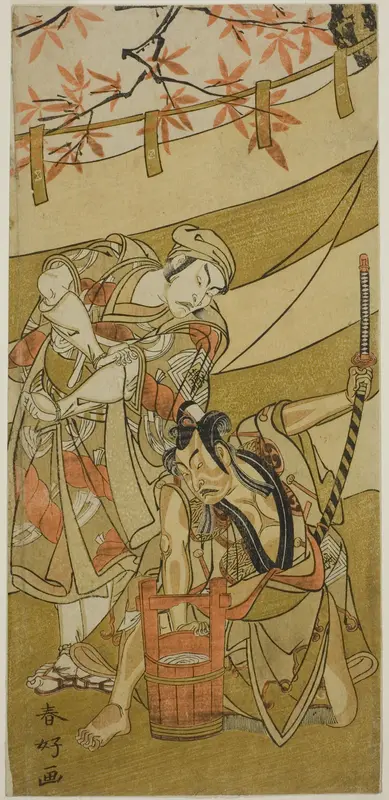The Actors Ichikawa Raizo II as Kojiro Masahira (right) and Ichikawa Danzo IV as Doi no Yataro (left), in the Play Kaomise Ama no Iwato, Performed at the Nakamura Theater in the Eleventh Month, 1774