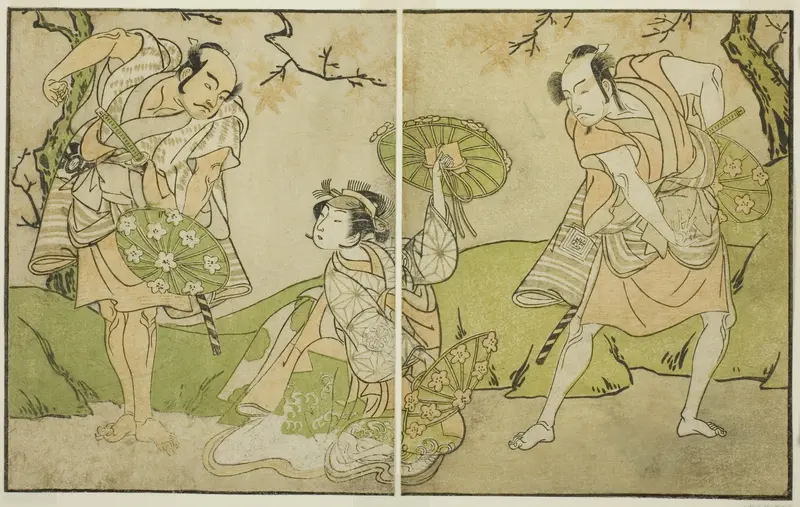 The Actors Ichikawa Somegoro (right), Segawa Kikunojo II (center), and Bando Sampachi (left), in Unidentified Roles in the Play Myoto-giku Izu no Kisewata, Performed at the Ichimura Theater in the Eleventh Month, 1770