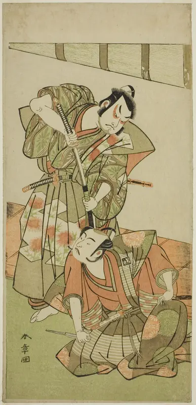 The Actors Ichikawa Yaozo II as Konoshita Hyokichi (?) (right), and Sakata Hangoro II as Matsunaga Daizen Hisahide (?) (left), in the Play Gion Sairei Shinko Ki (?), Perfomred at the Ichimura Theater (?) in the Fifth Month, 1775 (?) Wall Art by Katsukawa Shunsho - High-Resolution Digital Print