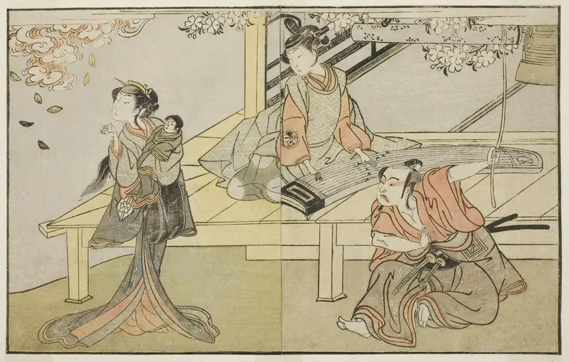The Actors Ichikawa Yaozo II as Yoshimine no Munesada (right), Yoshizawa Sakinosuke III as Shizuya (center), and Nakamura Matsue I as Sakuragi (left), in the Play Kuni no Hana Ono no Itsumoji, Performed at the Nakamura Theater in the Eleventh Month, 