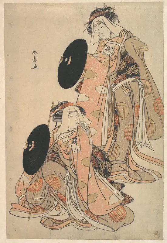 The Actors IV Iwai Hanshiro and I Bando Mitsugoro as Women Pilgrime in a shosa (Acting and Dancing) Performance