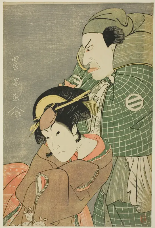 The actors Kataoka Nizaemon VII as Iyo no Taro and Iwai Hanshiro IV as Kojoro-gitsune of Okazaki in the play "Seiwa Nidai Oyose Genji," performed at the Miyako Theater in the eleventh month, 1796