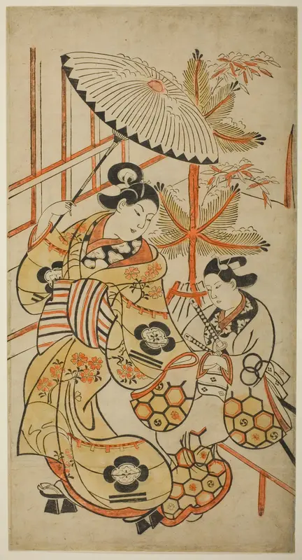 The Actors Matsumoto Hyozo as a courtesan and Nakagawa Hanzaburo as a young man