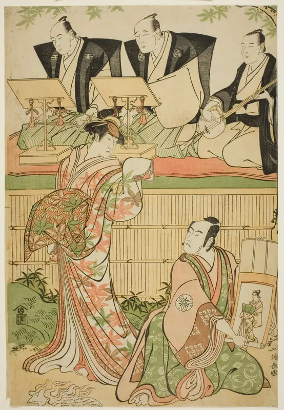 The Actors Matsumoto Koshiro IV as Ukita Sakingo and Sawamura Sojuro III as the ghost of the courtesan Takao, in the play "Ominaeshi Sugata no Hatsuaki," performed at the Nakamura Theater, 1788