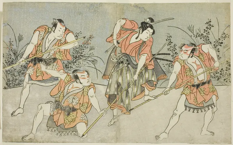 The Actors Nakamura Kashiwagi as a Wakashu (second from right), and Three Unidentified Actors as Yakko