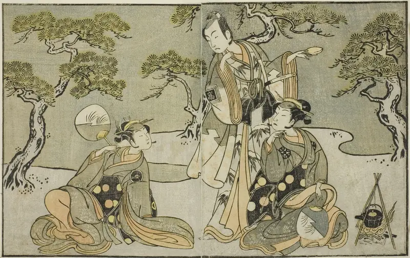 The Actors Nakamura Nakazo I as Matsukaze (right), Ichikawa Komazo II as Ariwara no Yukihira (center), and Iwai Hanshiro IV as Murasame (left), in the Play Kuni no Hana Ono no Itsumoji, Performed at the Nakamura Theater in the Eleventh Month, 1771