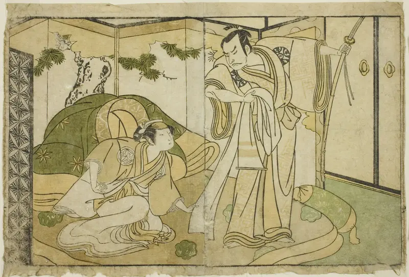 The Actors Nakamura Nakazo I as Taira no Kiyomori (right), and Yamashita Kinsaku II as Tokiwa Gozen (left), in the Play Nue no Mori Ichiyo no Mato, Performed at the Nakamura Theater in the Eleventh Month, 1770