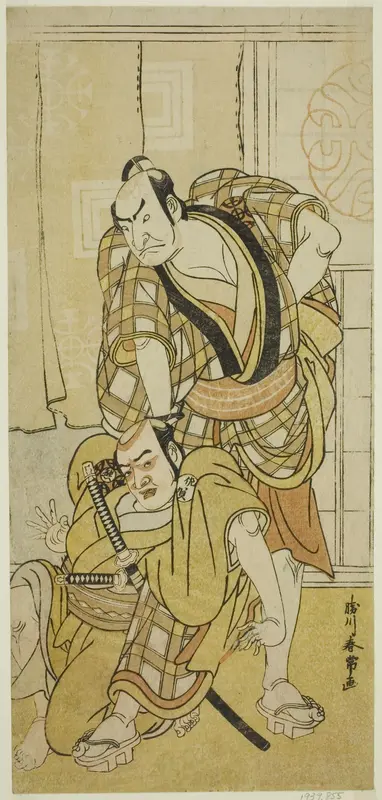 The Actors Nakamura Nakazo I as Tenjiku Tokubei (?) (right) and Bando Kumajuro as the Shopman Dempachi (?) (left), in the Play Keisei Katabira ga Tsuji (?), Performed at the Ichimura Theater (?) in the Eighth Month, 1783 (?)