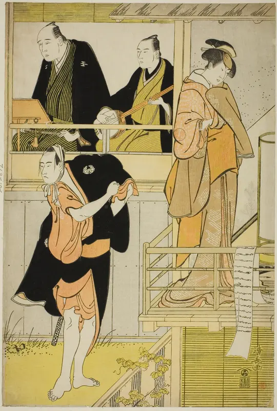The Actors Nakamura Riko I as Tanbaya Otsuma and Ichikawa Yaozo III as Furuteya Hachirobei, in the joruri "Sakamachi Yoi no Yotsutsuji," performed at the Nakamura Theater in the third month, 1785