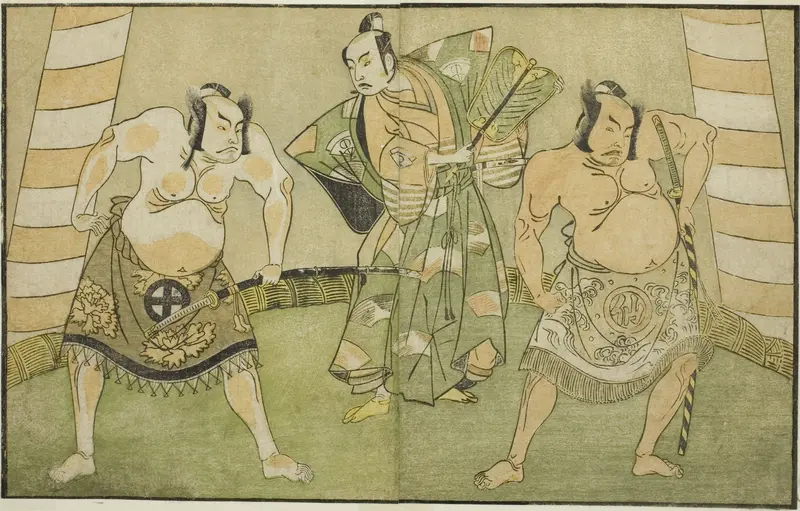 The Actors Nakamura Sukegoro II as Matano no Goro (right), Onoe Kikugoro I as Soga no Taro (center), and Otani Hiroji III as Kawazu no Saburo (left), in the Play Myoto-giku Izu no Kisewata, Performed at the Ichimura Theater in the Eleventh Month, 177