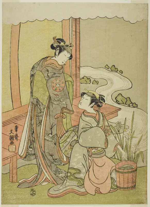 The Actors Nakamura Tomijuro I as Enju Disguised as the Shirbyoshi Gio (right), and Nakamura Noshio I as Goo Disguised as Hotoke Gozen (left), in the Play Miyako-zome Gio Katsugi, Performed at the Morita Theater in the Eleventh Month, 1770 Wall Art by Ippitsusai Buncho - High-Resolution Digital Print