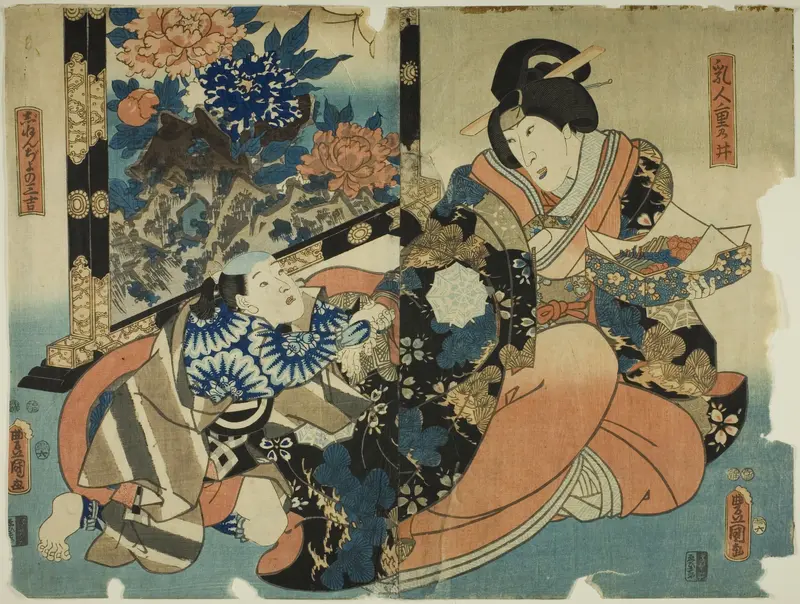 The actors Nakamura Tomijuro II as the wet nurse Shigenoi and Ichimura Uzaemon XIII as Jinenjo no Sankichi in the play "Koi Nyobo Somewake Tazuna," performed at the Ichimura Theater in the fifth month, 1854