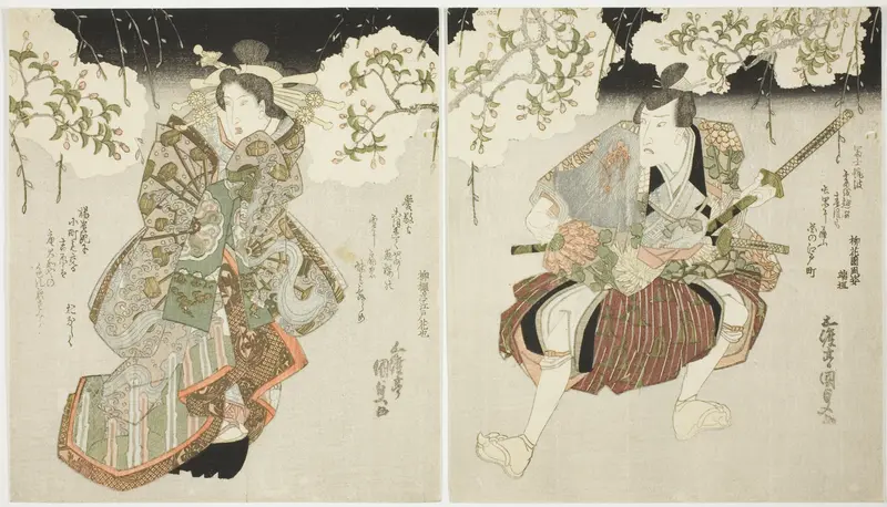 The actors Onoe Kikugoro III (R) as Nagoya Sanza and Iwai Kumesaburo II (L) as the courtesan Katsuragi in the play "Oichiza Soga no Shimadai," performed at the Kawarazaki Theater in the first month, 1827