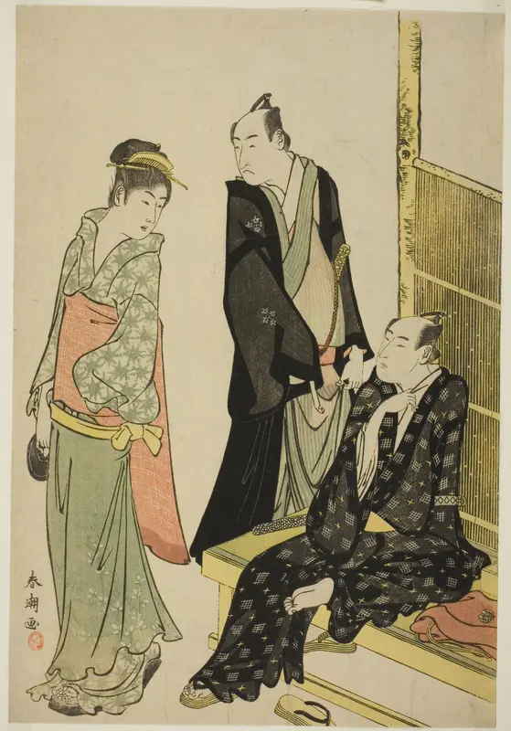The Actors Onoe Matsusuke I and Ichikawa Omezo I at a Teahouse Wall Art by Katsukawa Shunchô - High-Resolution Digital Print