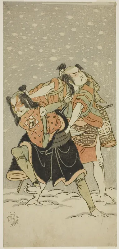 The Actors Otani Hiroji III as Kameo (right), and Sakata Sajuro I as Ario (left), in the Play Hime Komatsu Ne no Hi Asobi, Performed at the Ichimura Theater in the Ninth Month, 1768