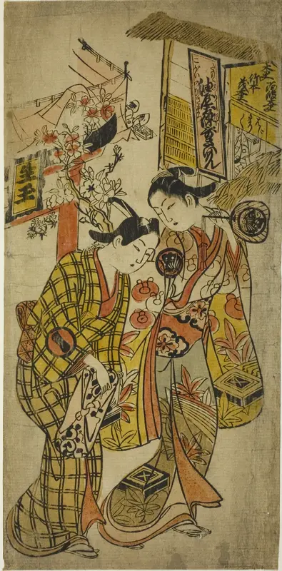 The Actors Sanjo Kantaro II as Osome and Ichikawa Monnosuke as Hisamatsu in the play "Osome Hisamatsu Tamoto no Shiro Shibori," performed at the Morita theater, 1720