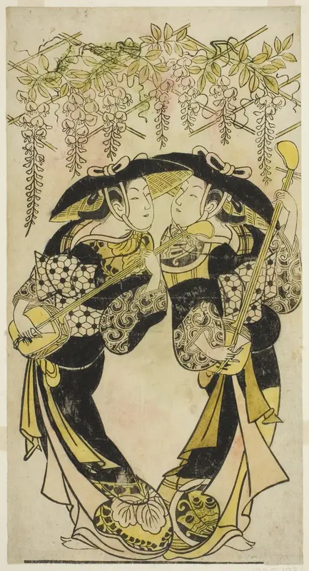 The Actors Sanjo Kantaro (right) and Fujimura Handayu (left) as musicians playing under wisteria