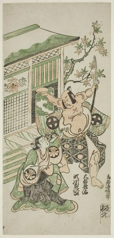 The Actors Segawa Kikujiro I as Nobutsura's wife Karumo and Otani Oniji I as Tahara Matataro in the play "Shusse Momijigari," performed at the Ichimura Theater in the eleventh month, 1747
