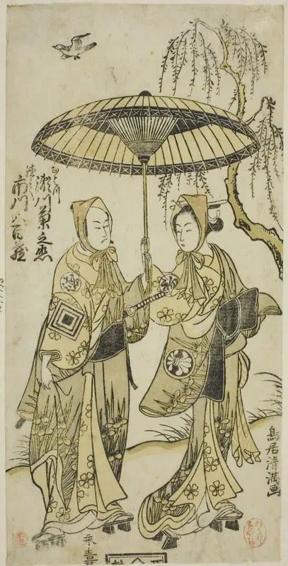 The Actors Segawa Kikunojo II as Ohatsu and Ichikawa Yaozo II as her lover Tokubei in the play "Yoni Osaka Nitsui no Meoto," performed at the Ichimura Theater in the second month, 1767