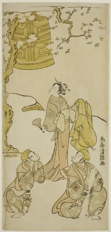 The Actors Segawa Kikunojo II, Ichikawa Komazo II, and Arashi Otohachi I in the play "Fude Hajime Soga no Tamazusa," performed at the Nakamura Theater in the first month, 1768 Wall Art by Torii Kiyotsune - High-Resolution Digital Print